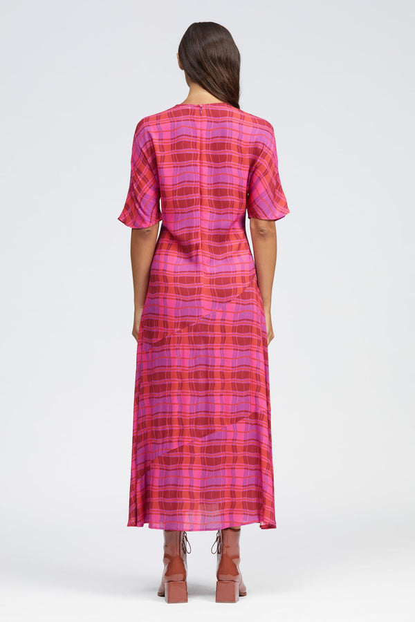 Heden Midi Dress Pink Warped Check Print